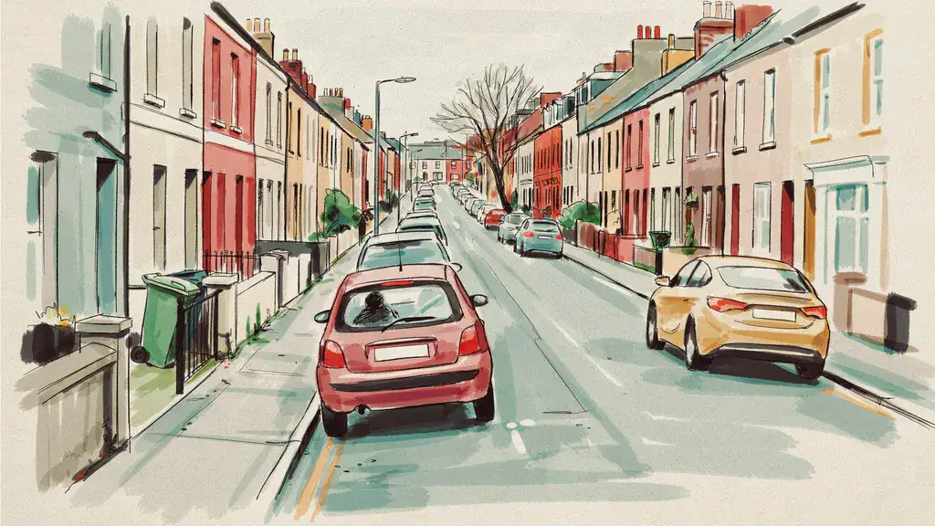 Illustration of a car threading down a narrow terraced city street lined with parked cars