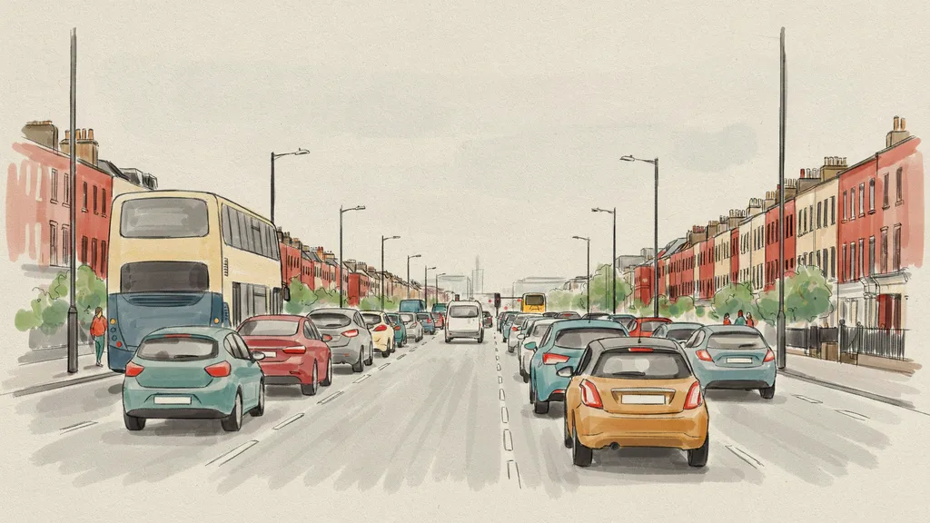Illustration of queued traffic in two lanes approaching a large city roundabout in Dublin