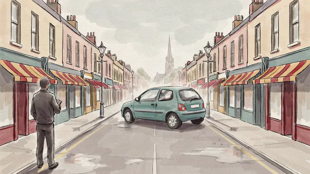 Illustration of a learner turning a car about on a quiet small-town street while an instructor watches from the footpath