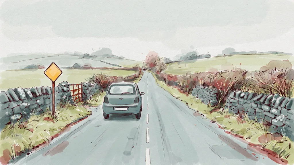 Illustration of a single car on a quiet country road between stone walls, passing a yellow diamond warning sign