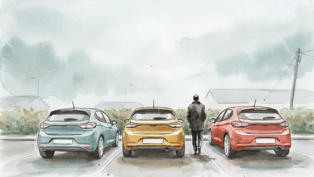 Illustration of cars waiting in a driving test centre car park under an overcast Irish sky