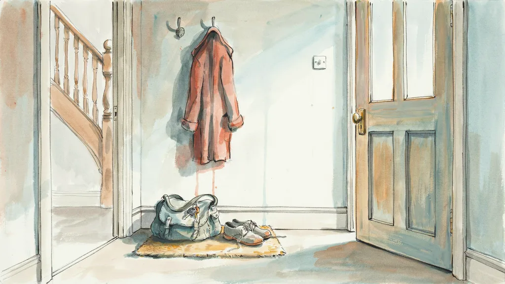 Illustration of a packed bag, keys and driving shoes waiting by a front door in an Irish hallway