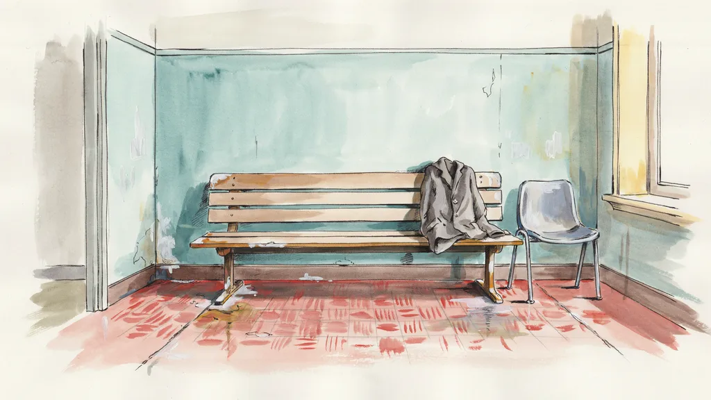 Illustration of an empty waiting room bench with a jacket left behind and a vacant chair beside it