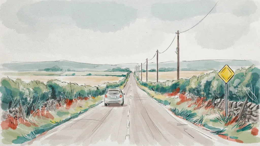 Illustration of a car driving away on the left along a long straight Irish country road past a blank yellow diamond warning sign
