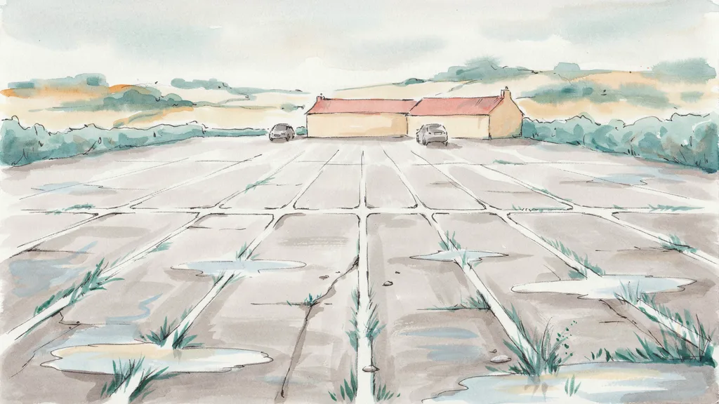 Illustration of a nearly empty rural test centre car park with rows of vacant painted bays