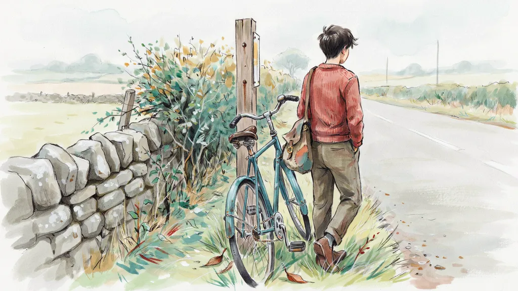 Illustration of a learner waiting at a rural Irish roadside with a bicycle leaning against a timber post
