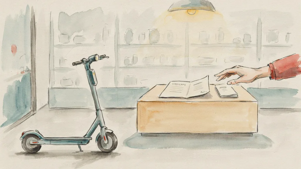 Illustration of a hand picking up a certificate beside an electric scooter on a shop display