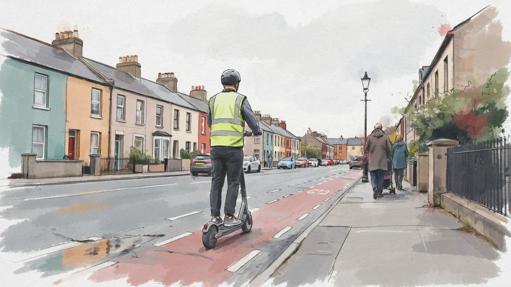 Illustration of a helmeted rider on an electric scooter in a marked cycle lane with a footpath alongside