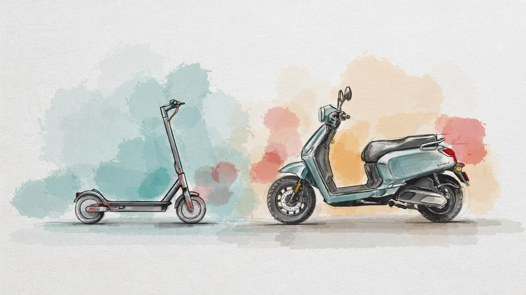 Illustration comparing a small standing electric scooter with a larger seated electric moped