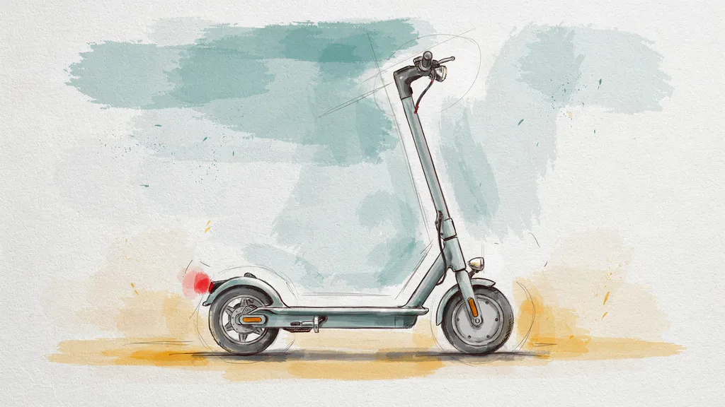 Illustration of a standing electric scooter shown side-on with front and rear lights, reflectors and a bell