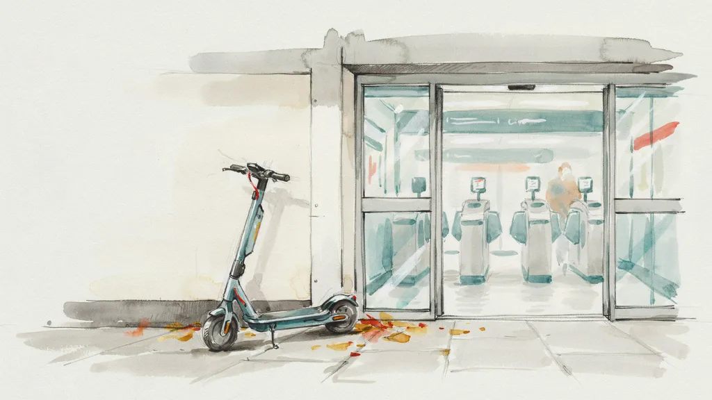 Illustration of a folded electric scooter propped outside the entrance of a rail station with ticket barriers beyond