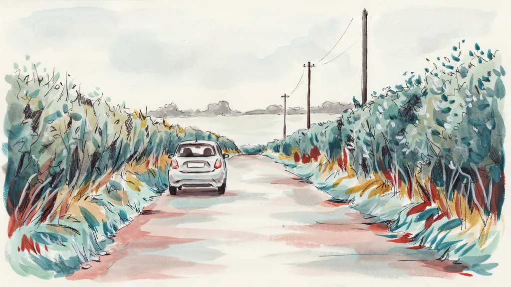 Illustration of a car driving away along a narrow hedge-lined Irish country lane with a passenger alongside the driver