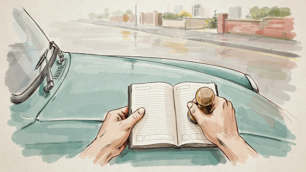 Illustration of hands stamping a page in a paper driving lesson logbook resting on a car bonnet