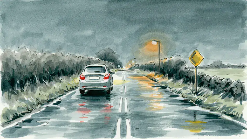 Illustration of a car driving away on a dark wet Irish road at night with its tail lights lit
