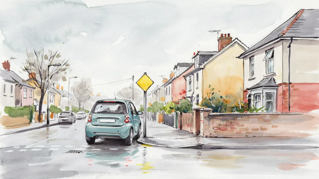 Illustration of a learner car waiting at a quiet suburban Irish junction beside a yellow diamond warning sign