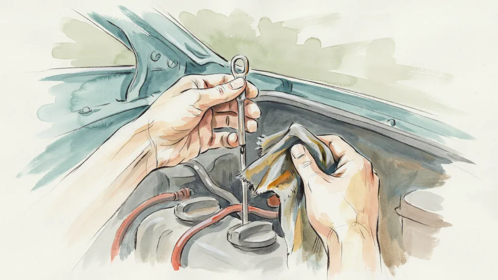 Illustration of hands checking the oil dipstick under an open car bonnet