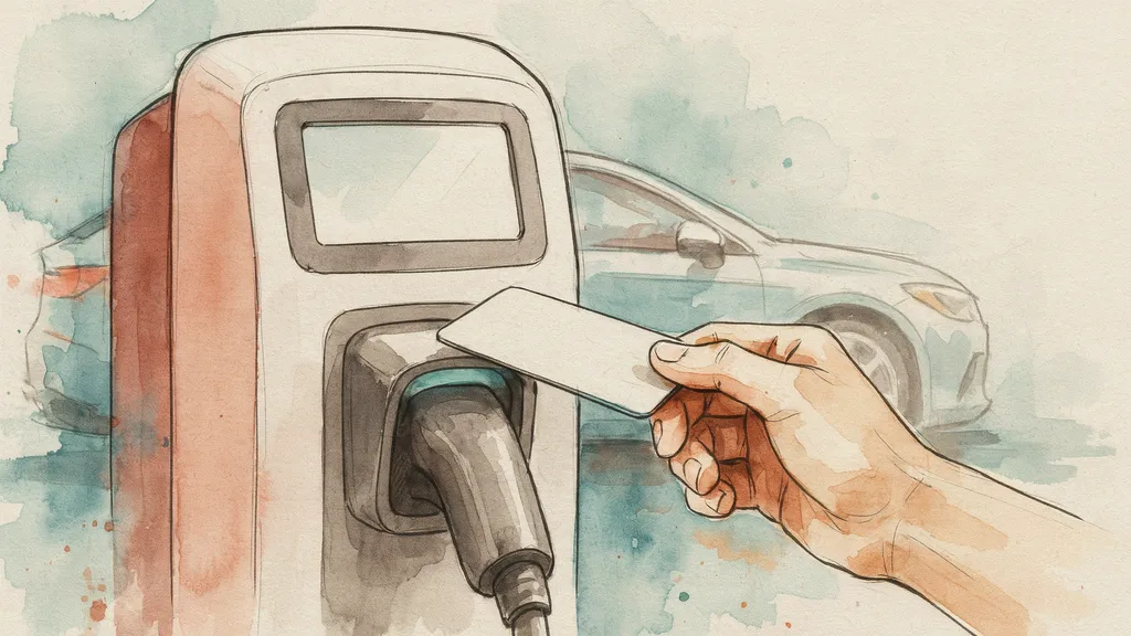 Illustration of a hand tapping a bank card on the contactless reader of an electric vehicle charge point
