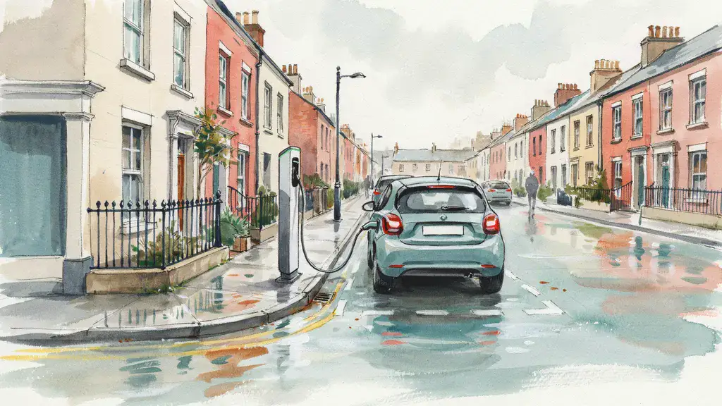 Illustration of an on-street electric vehicle charge point beside a parked car on a terraced Irish city street
