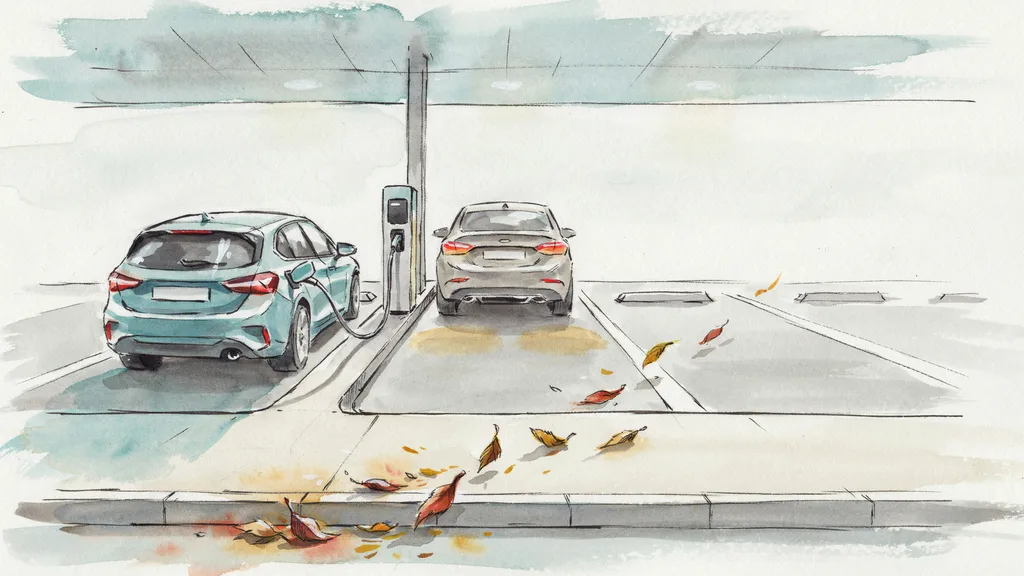 Illustration of a car left plugged in at a charge point while another car waits nearby