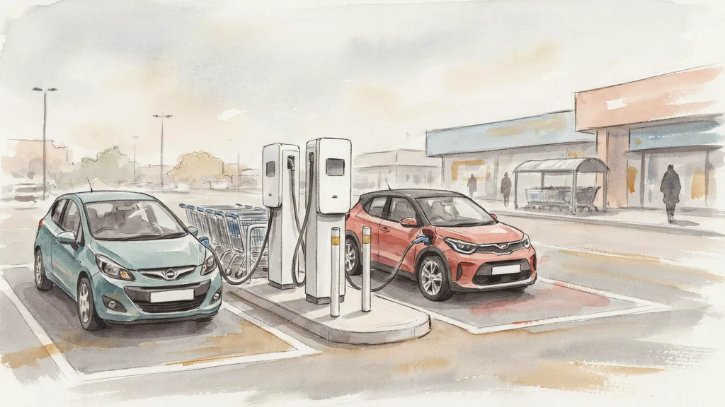 Illustration of two electric cars charging at a pair of charge points in a supermarket car park