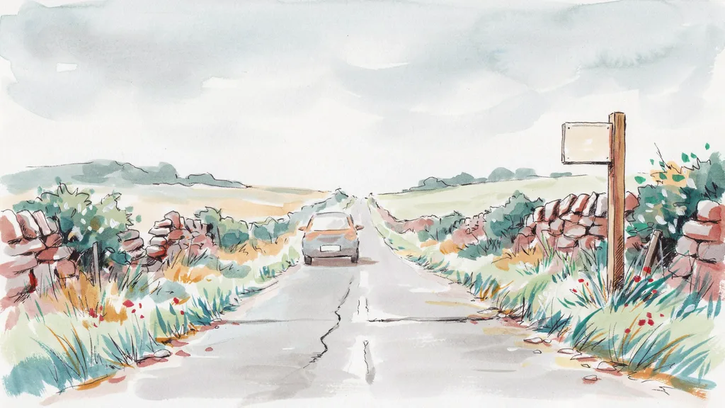 Illustration of a quiet rural road crossing the border between Northern Ireland and the Republic