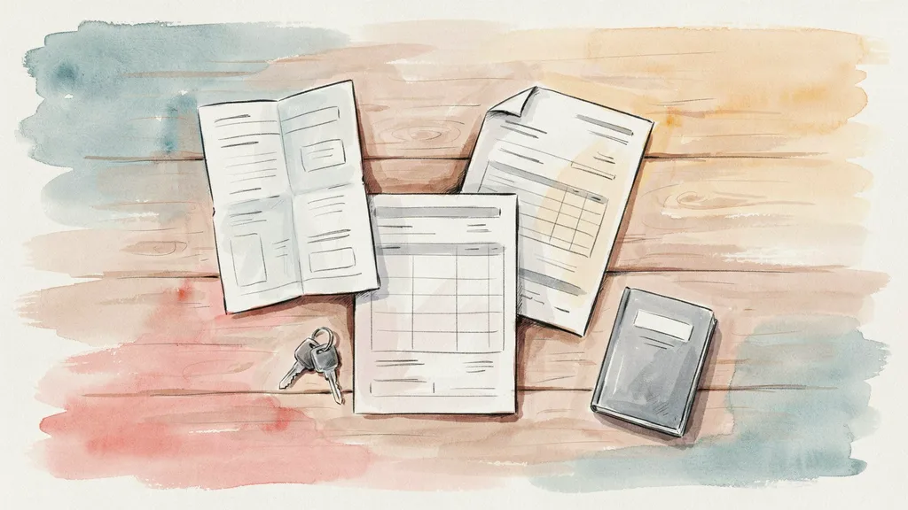 Illustration of vehicle import paperwork spread out on a desk beside a set of car keys
