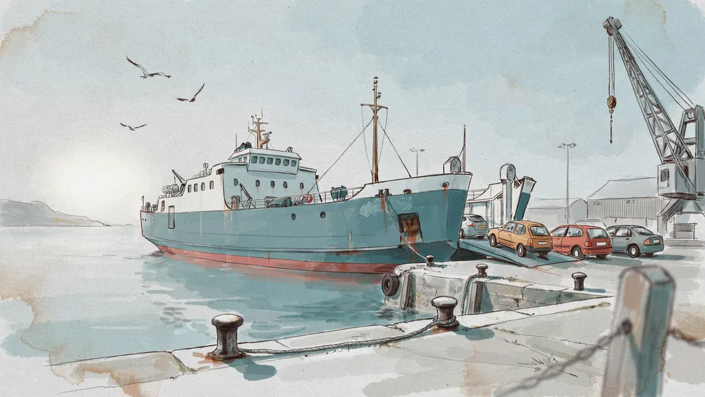 Illustration of cars driving off a ferry ramp onto an Irish quayside at dawn