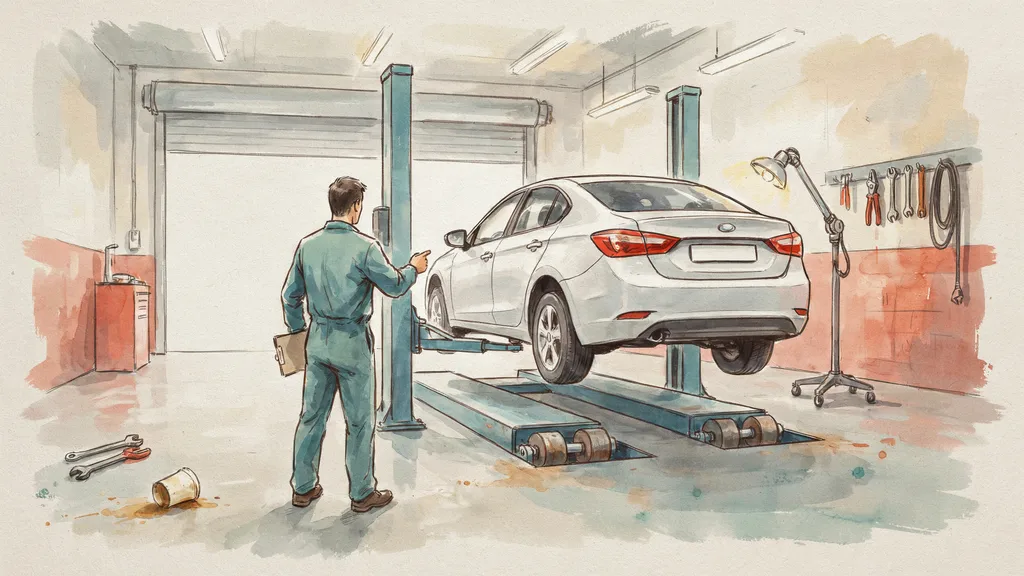 Illustration of a car raised on a lift in a vehicle test centre inspection bay with a technician holding a clipboard