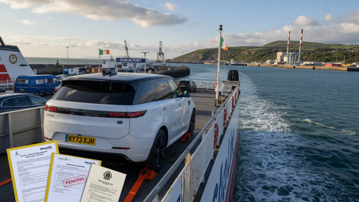 A UK-registered Range Rover on a Stena Line ferry arriving at Dublin Port, with Irish import paperwork and a Certificate of Conformity in the foreground