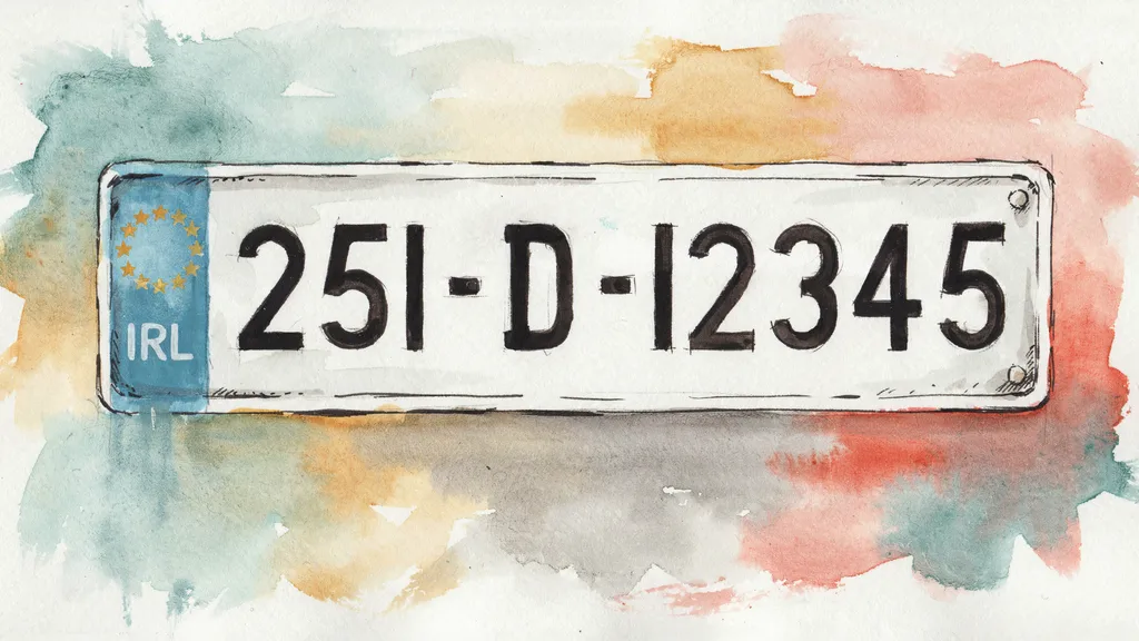 Illustration of a modern Irish registration plate reading 251-D-12345 with the blue EU band and IRL on the left