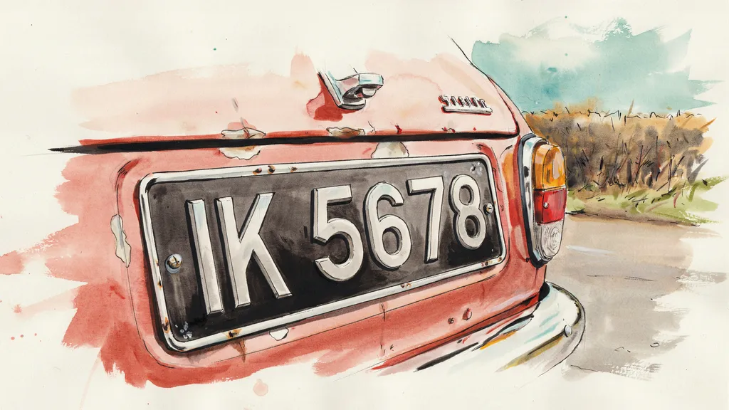 Illustration of an old black registration plate with raised silver characters on a vintage car