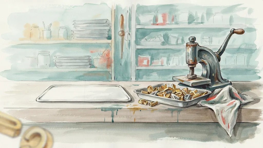 Illustration of a plate-maker's counter with a pressing machine, a tray of character dies and a blank plate