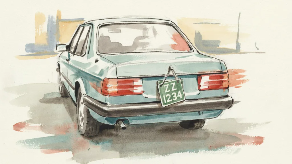 Illustration of a green trade plate with white characters hanging on a hook over the rear of a car