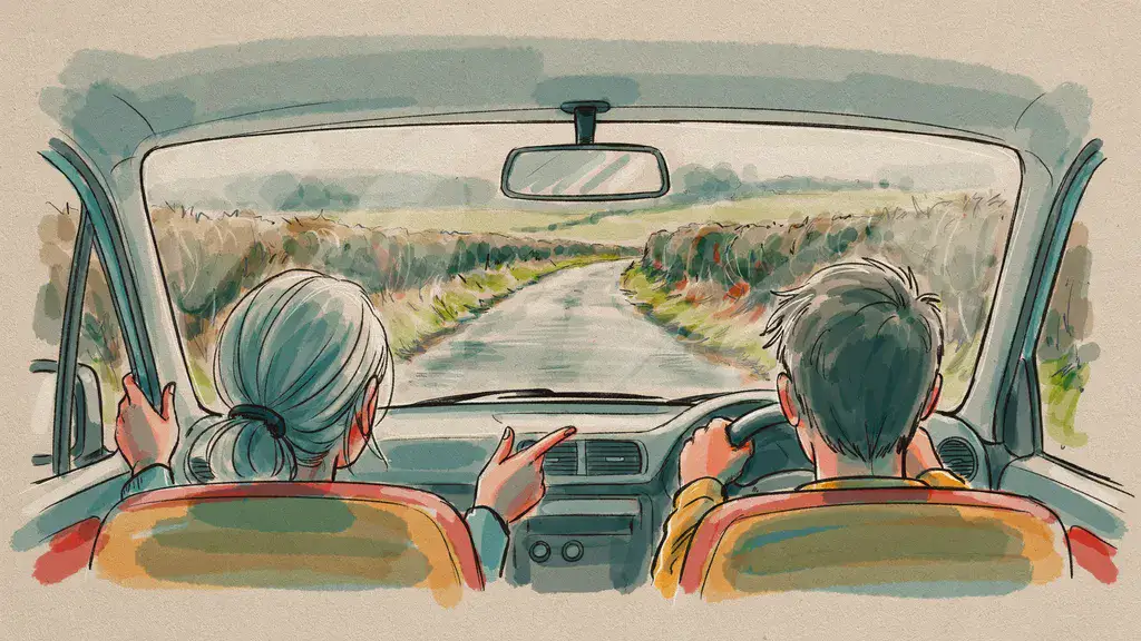 Illustration seen from the back seat of a right-hand-drive car, the learner at the wheel and a qualified driver in the front passenger seat pointing at the road ahead