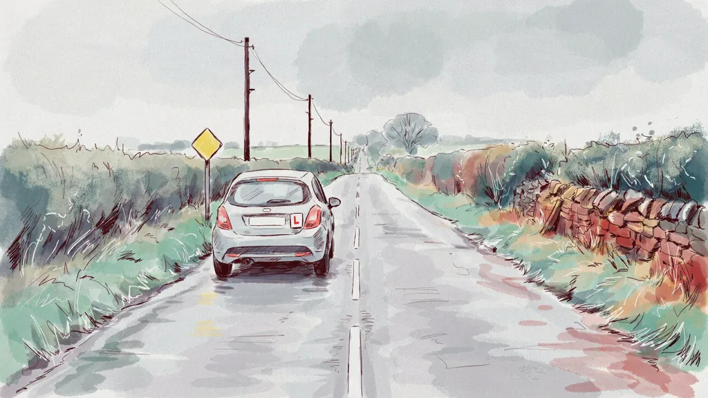 Illustration of a small hatchback with a red L-plate on the rear driving on a wet Irish country road