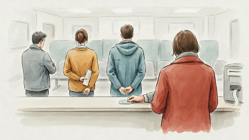 Illustration of people queueing at an NDLS service counter as a small plastic permit card is handed across