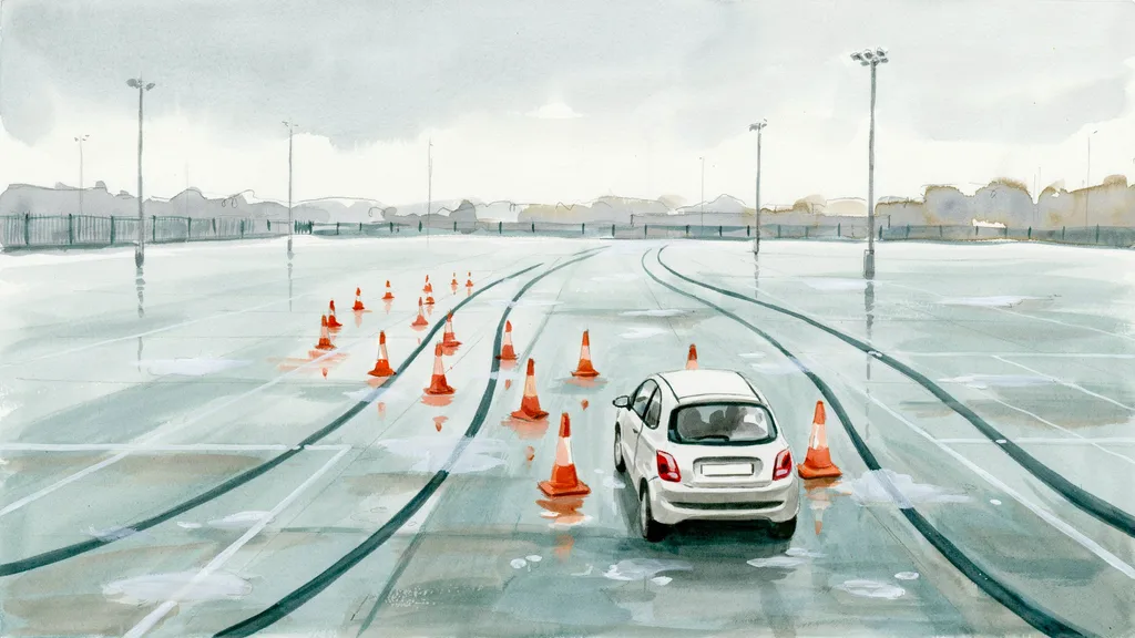 Illustration of a small car practising a reversing manoeuvre between traffic cones on an empty wet car park