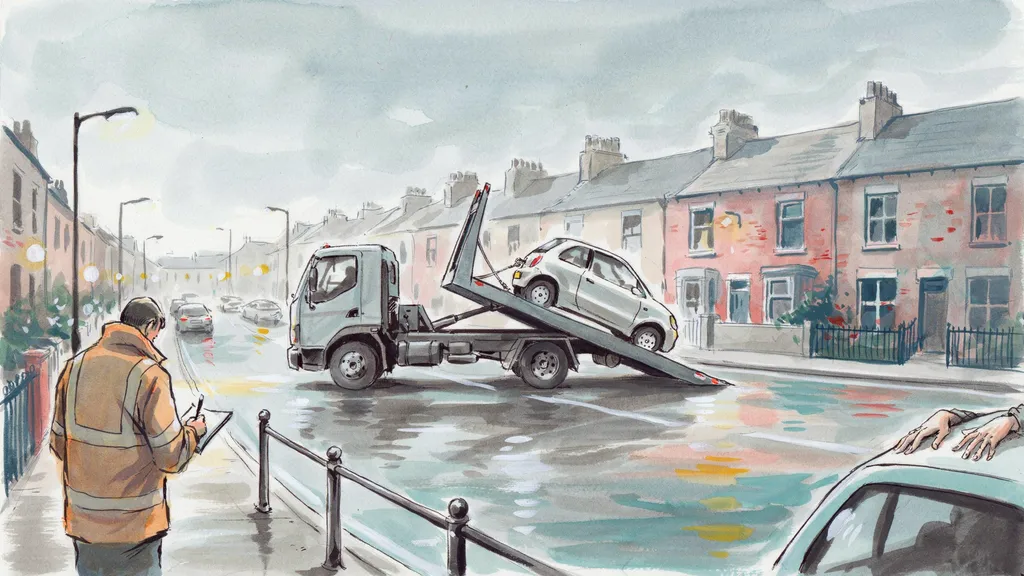 Illustration of a small car being winched onto a flatbed recovery truck on a wet street while an official in a high-visibility jacket writes notes