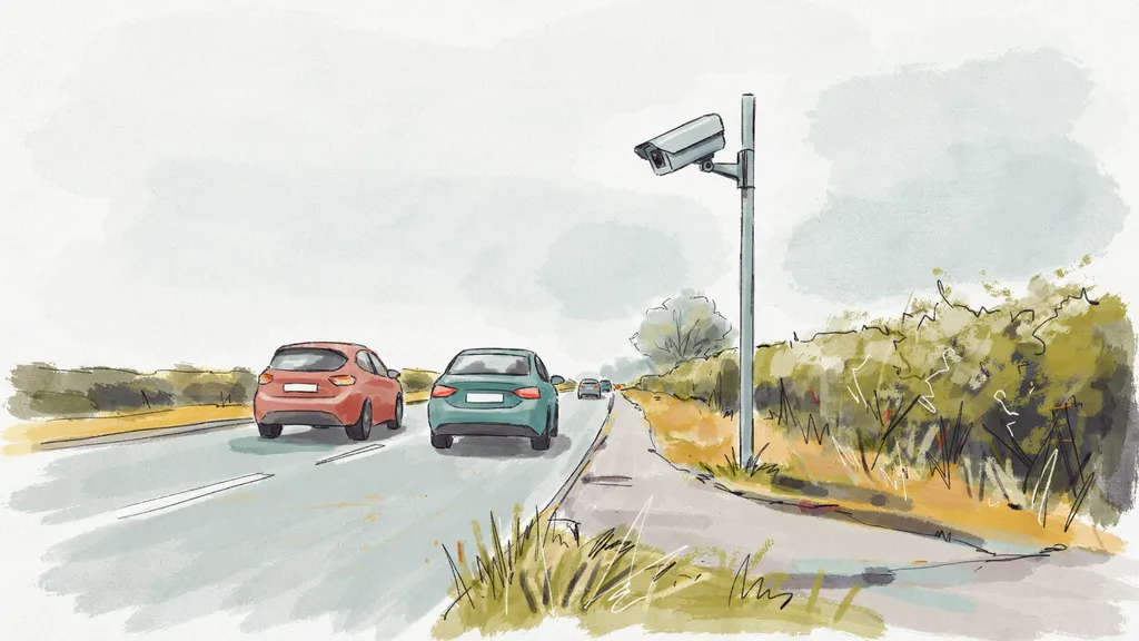 Illustration of an automatic number plate recognition camera on a roadside pole above passing traffic