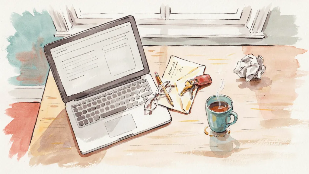 Illustration of a laptop, a renewal reminder letter, car keys and a mug on a kitchen table