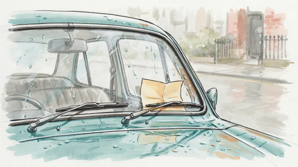 Illustration of a folded penalty notice tucked under the windscreen wiper of a parked car in the rain