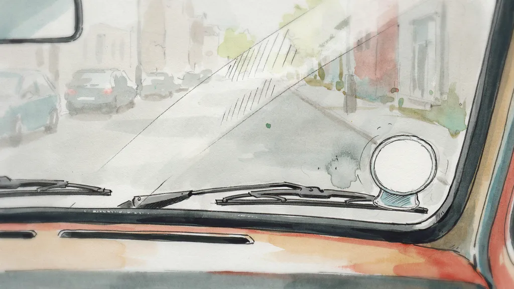 Illustration of a round paper motor tax disc in a holder on the inside of a car windscreen