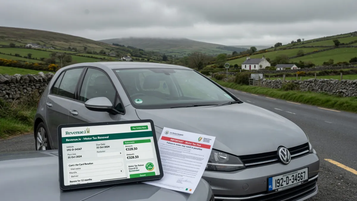 A silver VW Golf parked on an Irish country road with a Revenue.ie motor tax renewal screen and reminder letter on the bonnet