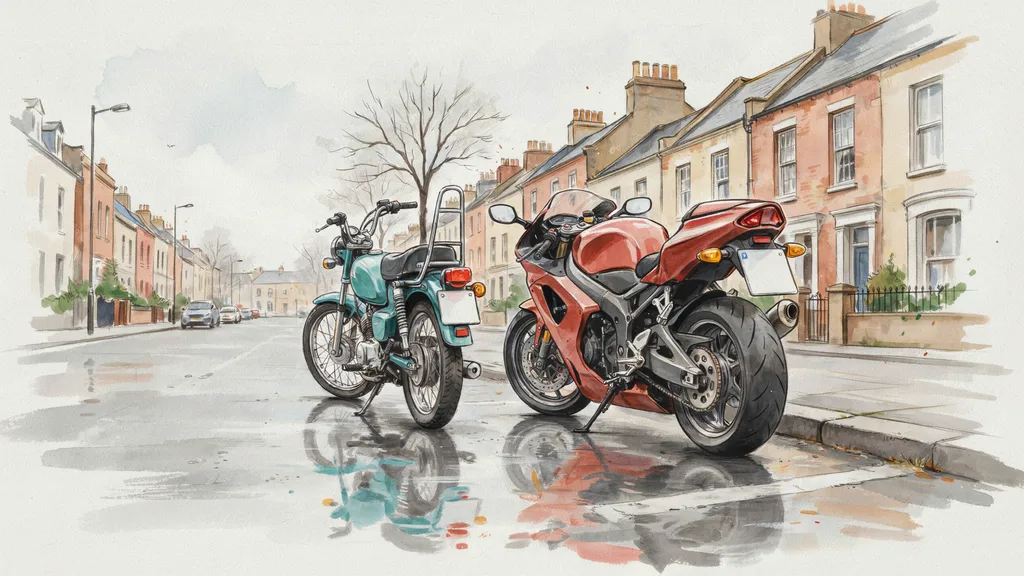 Illustration of a small 125cc commuter motorcycle parked beside a large faired sports bike on a wet Irish street