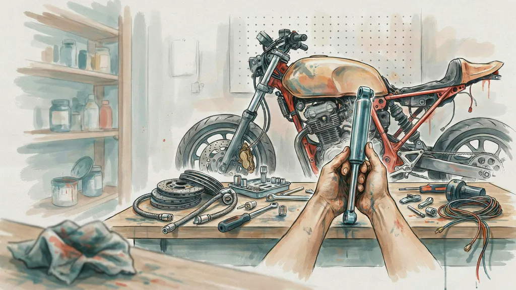 Illustration of hands holding an aftermarket rear shock at a workbench covered in motorcycle parts beside a partly stripped bike