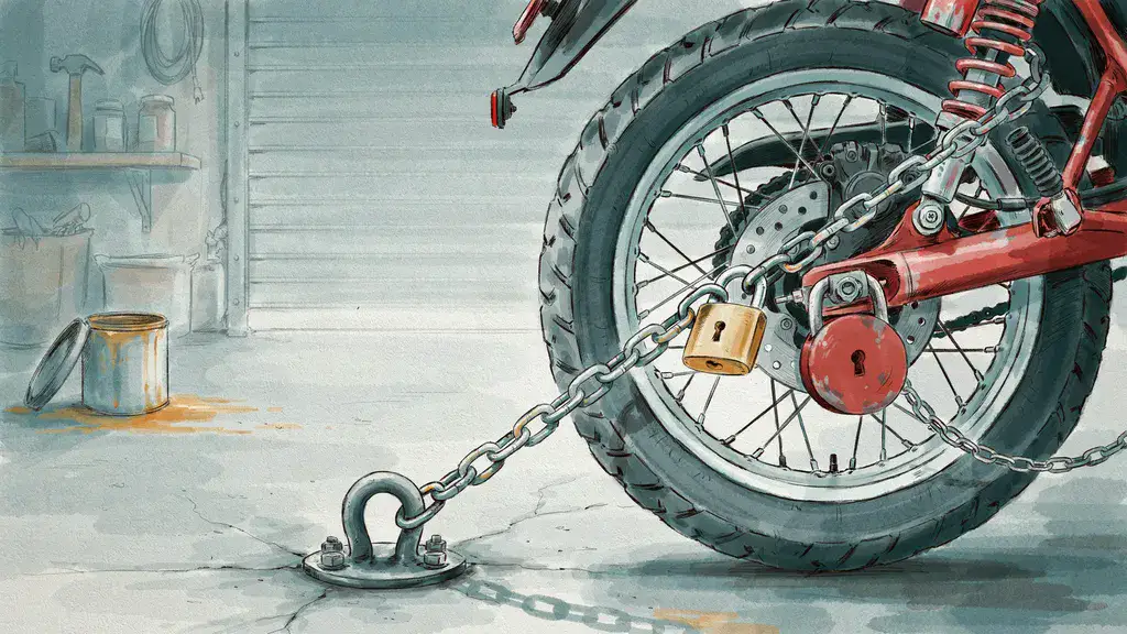 Illustration of a heavy chain and padlock securing a motorcycle rear wheel to a ground anchor bolted into a garage floor, with a disc lock fitted