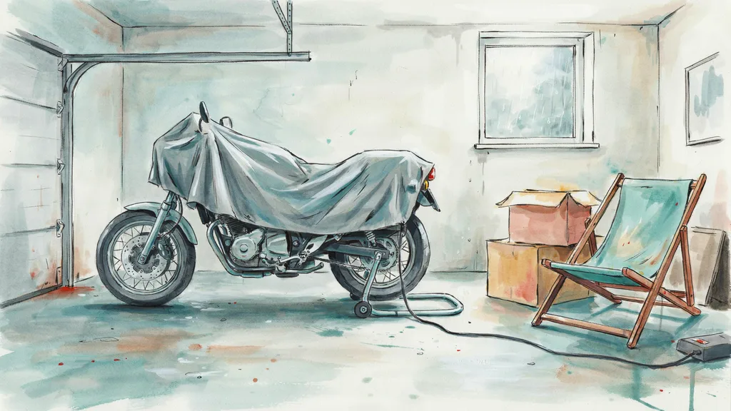 Illustration of a motorcycle under a fabric cover on a paddock stand in a cold domestic garage with rain on the window