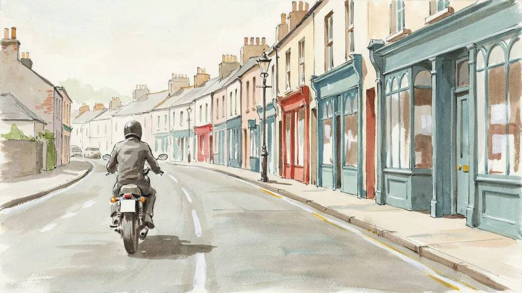 Illustration of a rider on a small motorcycle riding on the left-hand side of a quiet Irish town street