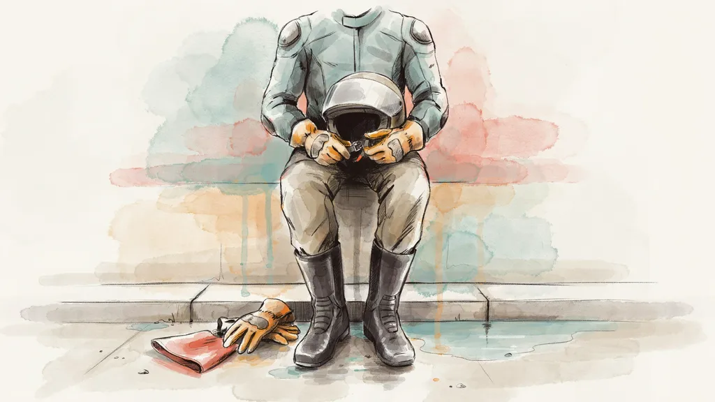 Illustration of a seated rider in an armoured jacket and boots fastening the chin strap of a plain full-face helmet