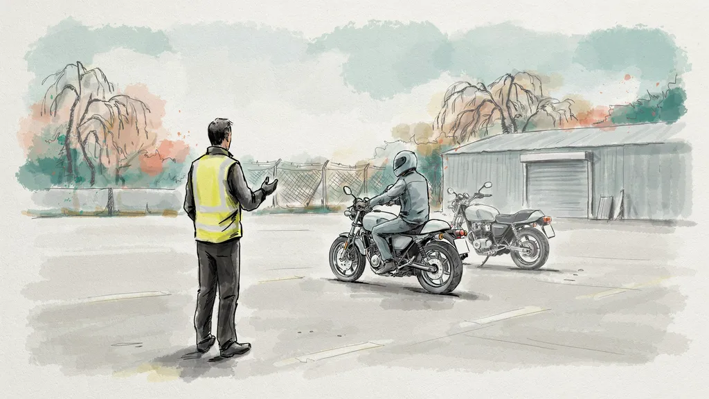 Illustration of a motorcycle instructor in a hi-vis vest briefing a learner rider on a training ground